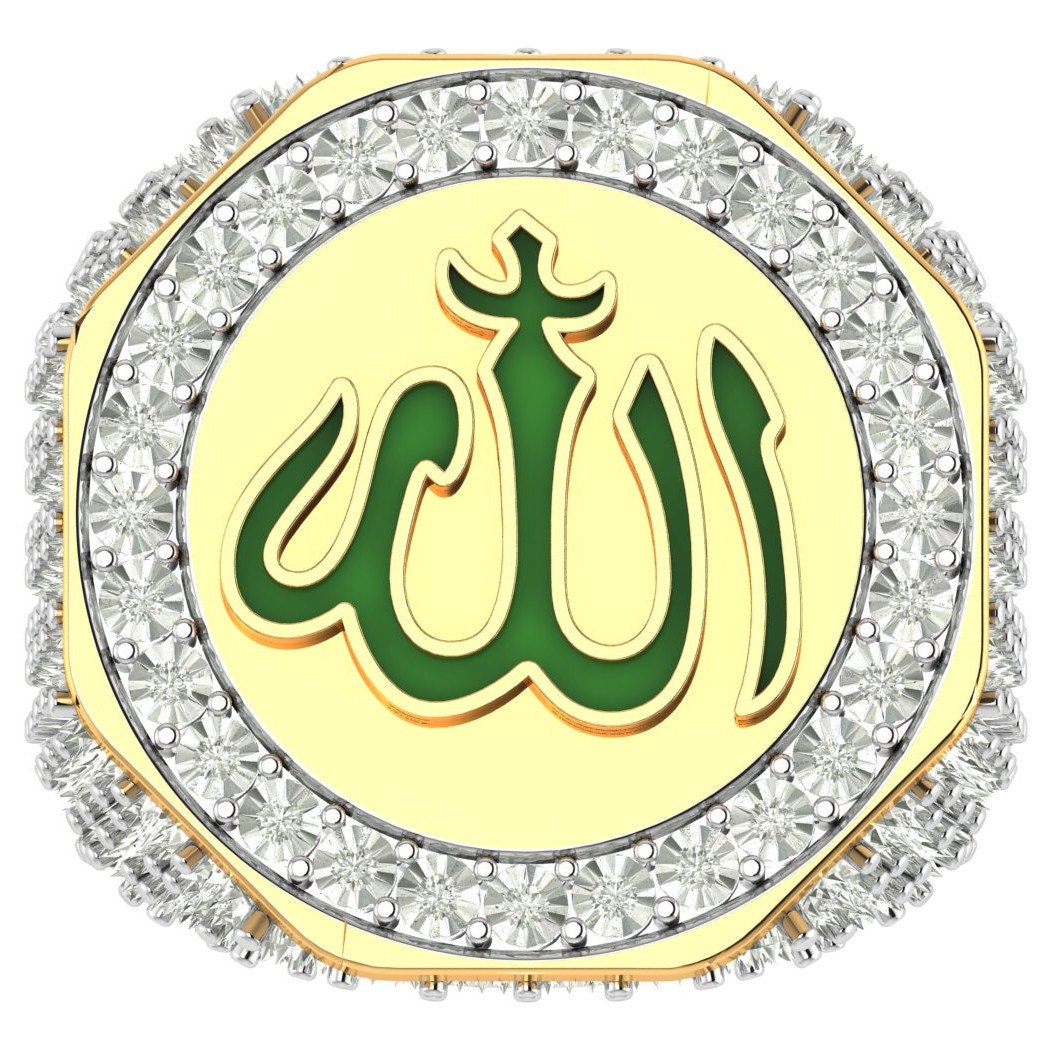 Real Genuine Authentic Diamond 10K Gold Over Allah God Muslim Islamic Arabic Ring Band (Adjustable 9.5 Up 10.5)