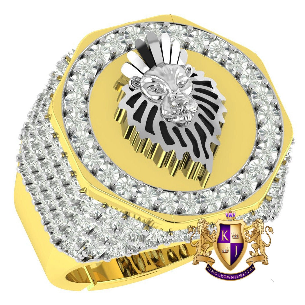 Men's Real Genuine Authentic Diamond 10K Gold Over Lion King Head Ring Band (Adjustable 9.5 Up 10.5)