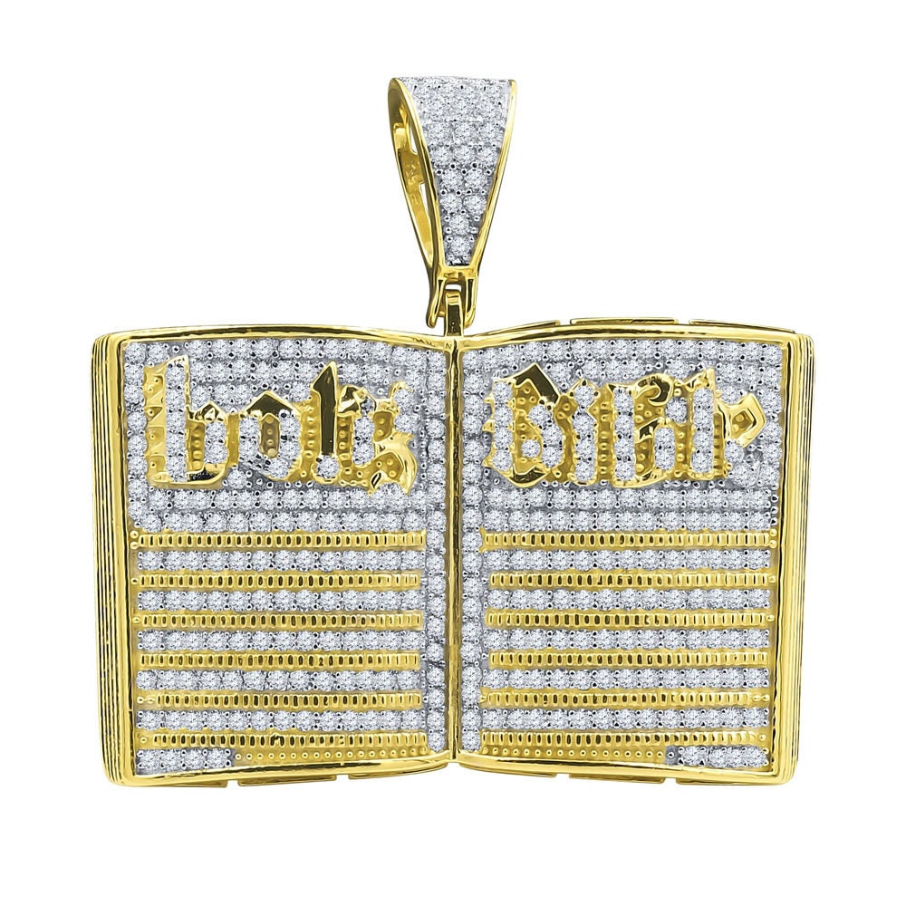 Men's 14K Gold On Genuine Real Sterling Silver Simulated Diamonds Open Holy Bible Book Charm Pendant 3.50ct