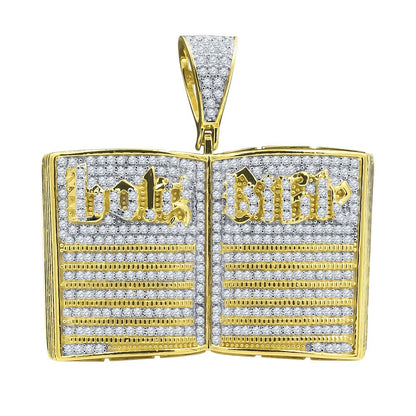 Men's 14K Gold On Genuine Real Sterling Silver Simulated Diamonds Open Holy Bible Book Charm Pendant 3.50ct