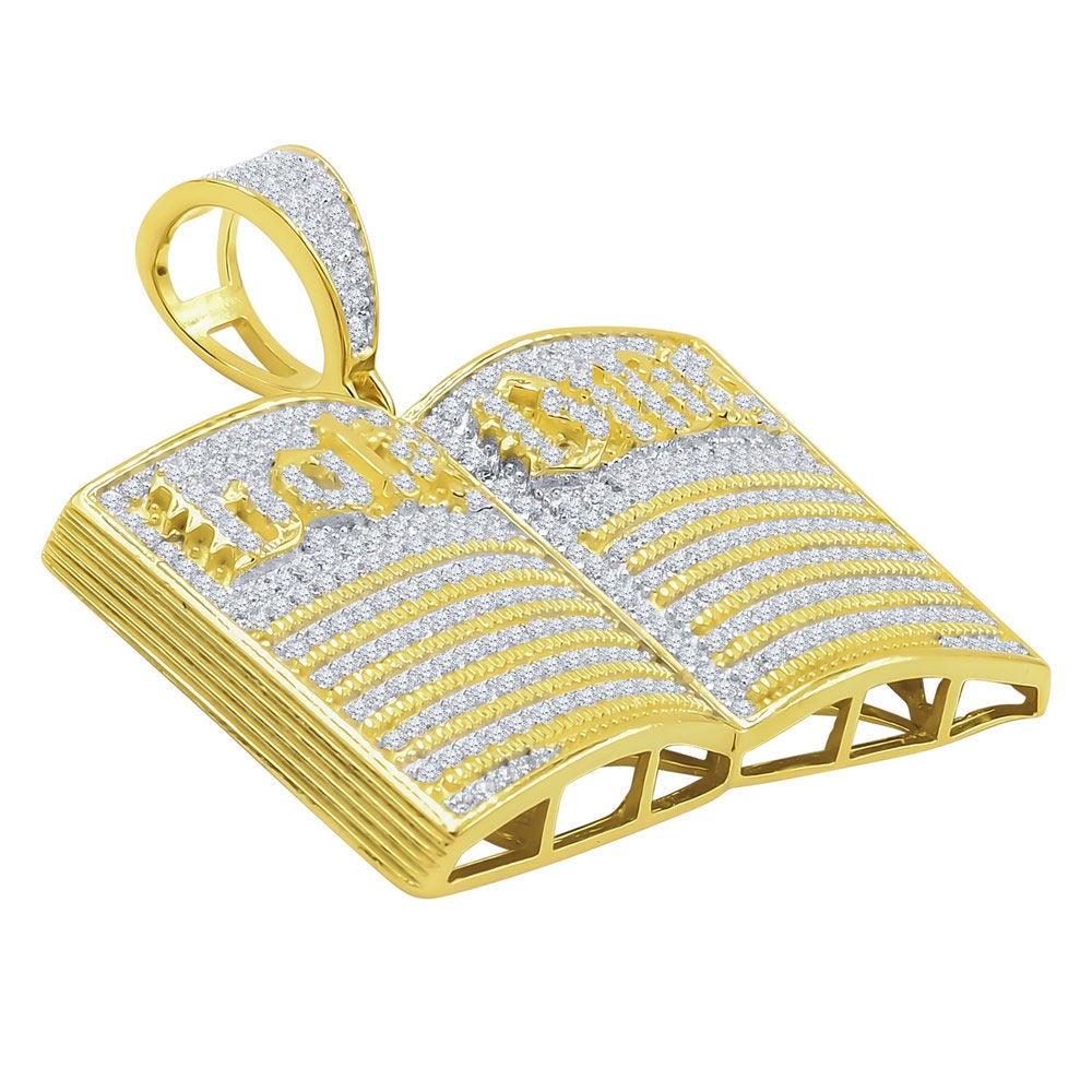 Men's 14K Gold On Genuine Real Sterling Silver Simulated Diamonds Open Holy Bible Book Charm Pendant 3.50ct
