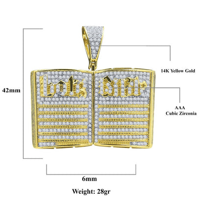 Men's 14K Gold On Genuine Real Sterling Silver Simulated Diamonds Open Holy Bible Book Charm Pendant 3.50ct