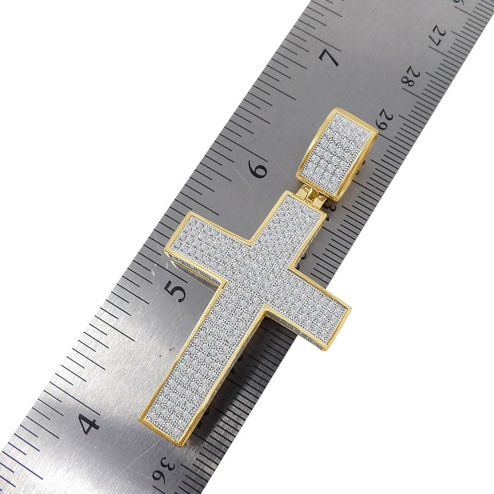 3D Genuine Real Sterling Silver Simulated Diamond 14K Gold Finish Jesus Cross Pendent Charm Chain Set 2.50''