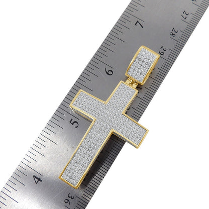 3D Genuine Real Sterling Silver Simulated Diamond 14K Gold Finish Jesus Cross Pendent Charm Chain Set 2.50''