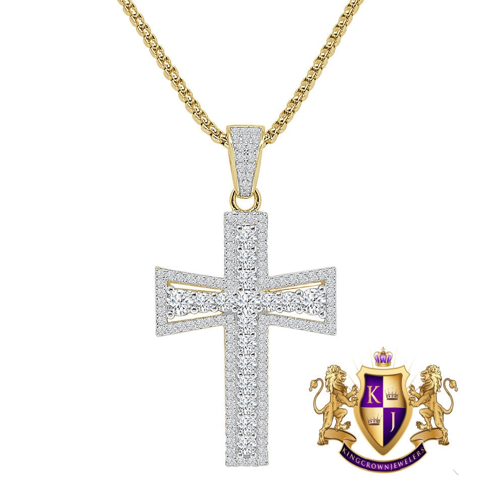 Designer Holy Cross Charm Genuine Real Sterling Silver Simulated Diamond 14K Gold Finish Pendent Chain Set 2''
