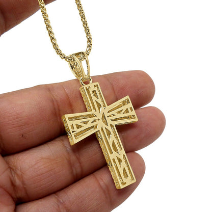 Designer Holy Cross Charm Genuine Real Sterling Silver Simulated Diamond 14K Gold Finish Pendent Chain Set 2''