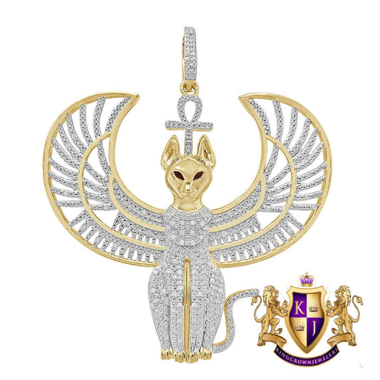 Real Genuine Diamond 21 + Grams 10K Yellow Gold Over Anubis Egyptian God Ra Horus Osiris Seth Ankh Cross Pharaoh Custom Charm Pendent 2.50''