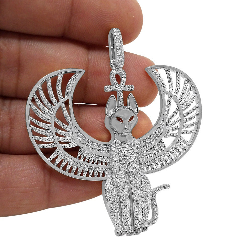 Real Genuine Diamond 21 + Grams 10K White Gold Over Anubis Egyptian God Ra Horus Osiris Seth Ankh Cross Pharaoh Custom Charm Pendent 2.50''