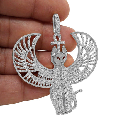 Real Genuine Diamond 21 + Grams 10K White Gold Over Anubis Egyptian God Ra Horus Osiris Seth Ankh Cross Pharaoh Custom Charm Pendent 2.50''