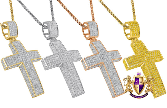 3D Genuine Real Sterling Silver Simulated Diamond 14K Gold Finish Jesus Cross Pendent Charm Chain Set 2.50''