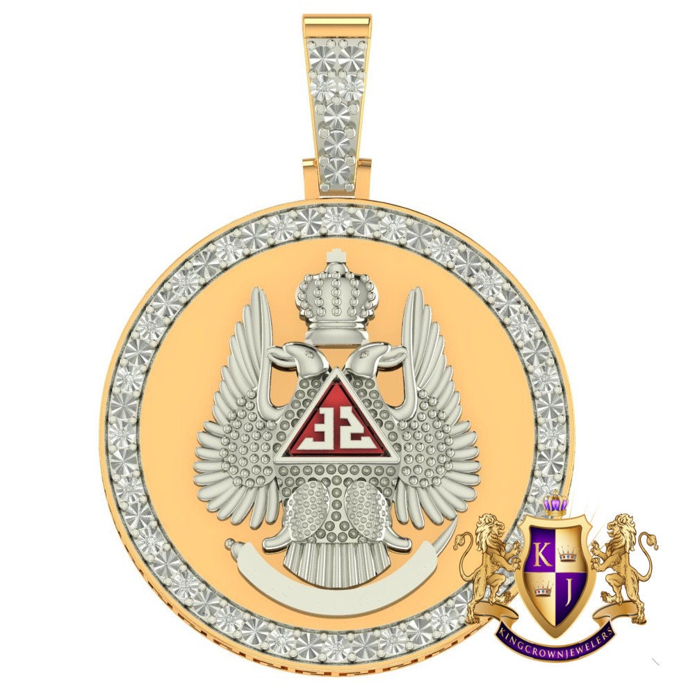 Real Genuine Diamond 32 Degree Scottish Rite Masonic Freemason Pendent 10K Gold Over Charm 2''