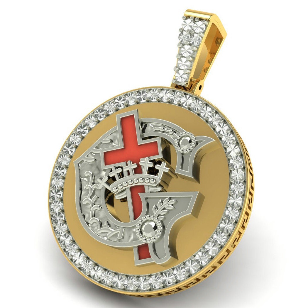Genuine Real Diamond Knights Templar Masonic 14K Gold Over Freemason Custom Charm Pendent Medallion 2''