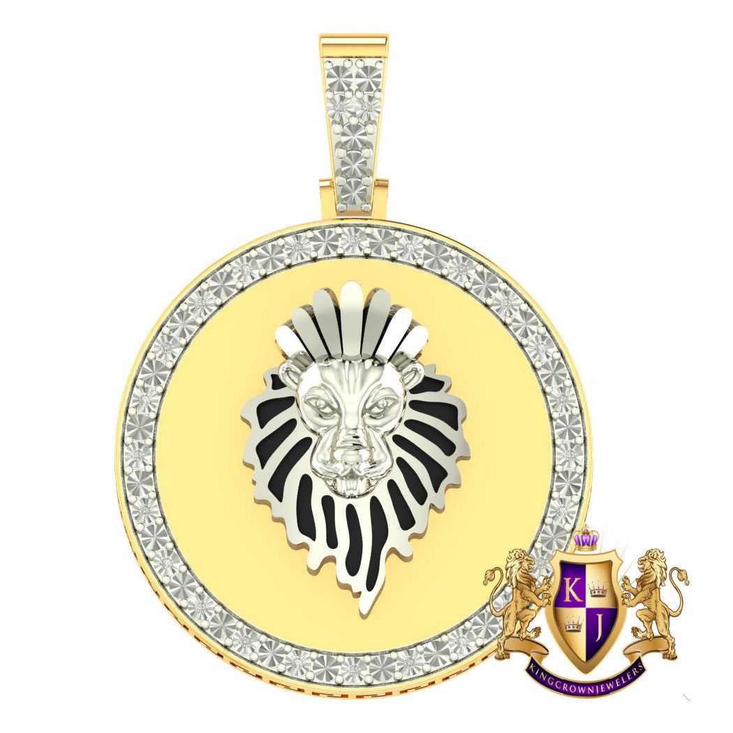 Authentic Genuine Real Diamond 10K Gold Finish Lion King Head Medallion Pendent Charm 2''