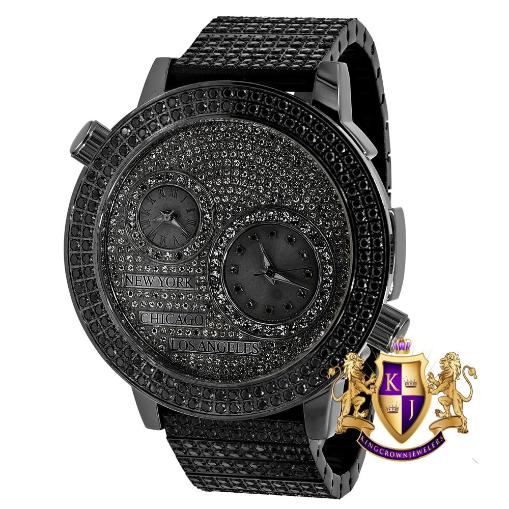 Men's Full Stainless Steel 2 Time Zone Chronograph 18K Black Gold Tone Diamond Dial  Luxury Custom Watch 45mm