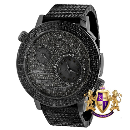Men's Full Stainless Steel 2 Time Zone Chronograph 18K Black Gold Tone Diamond Dial  Luxury Custom Watch 45mm