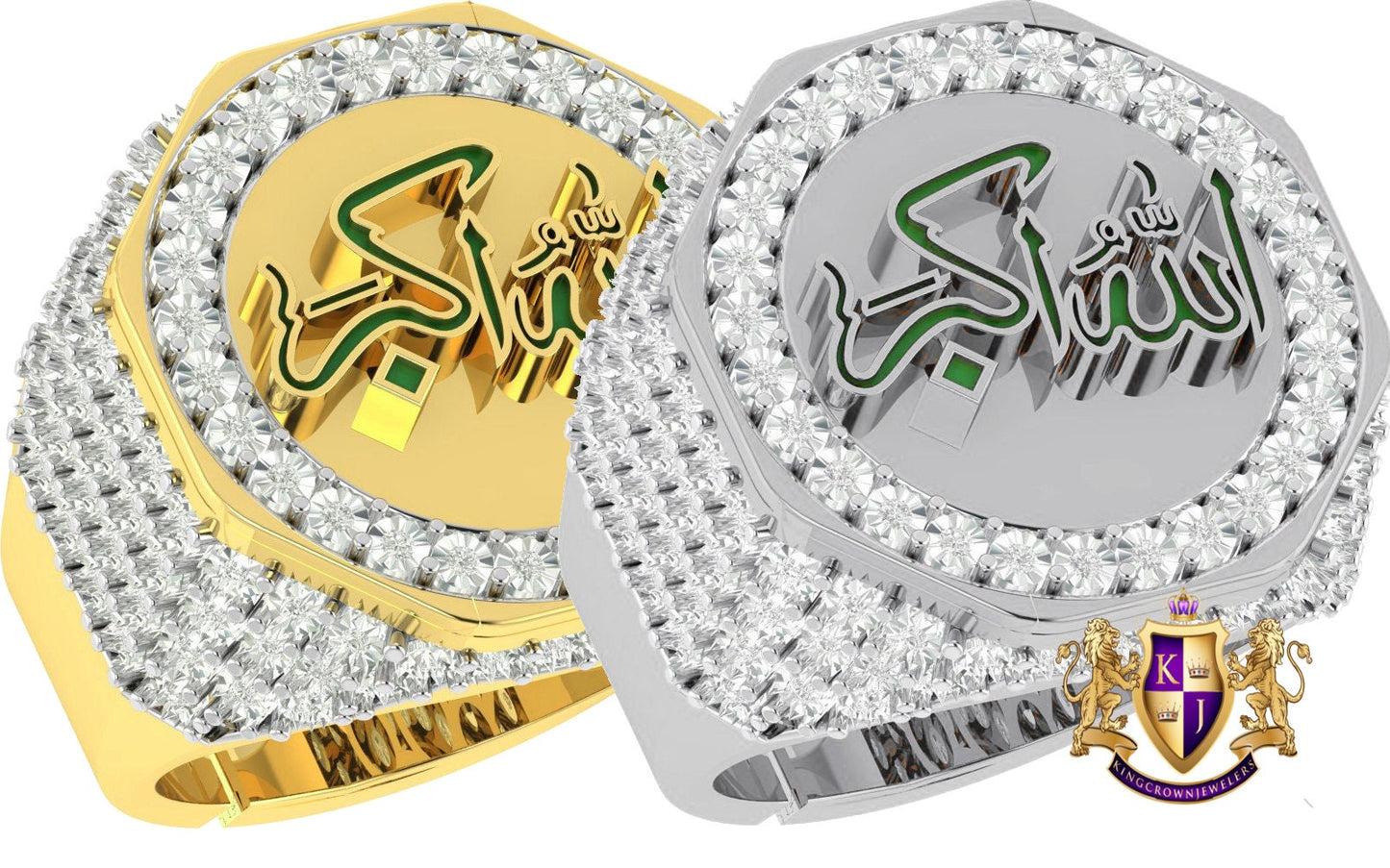 Real Genuine Authentic Diamond 10K Gold Over Allahu Akbar Muslim Islamic Arabic "God is Greater" Ring Band (Adjustable 9.5 Up 10.5)