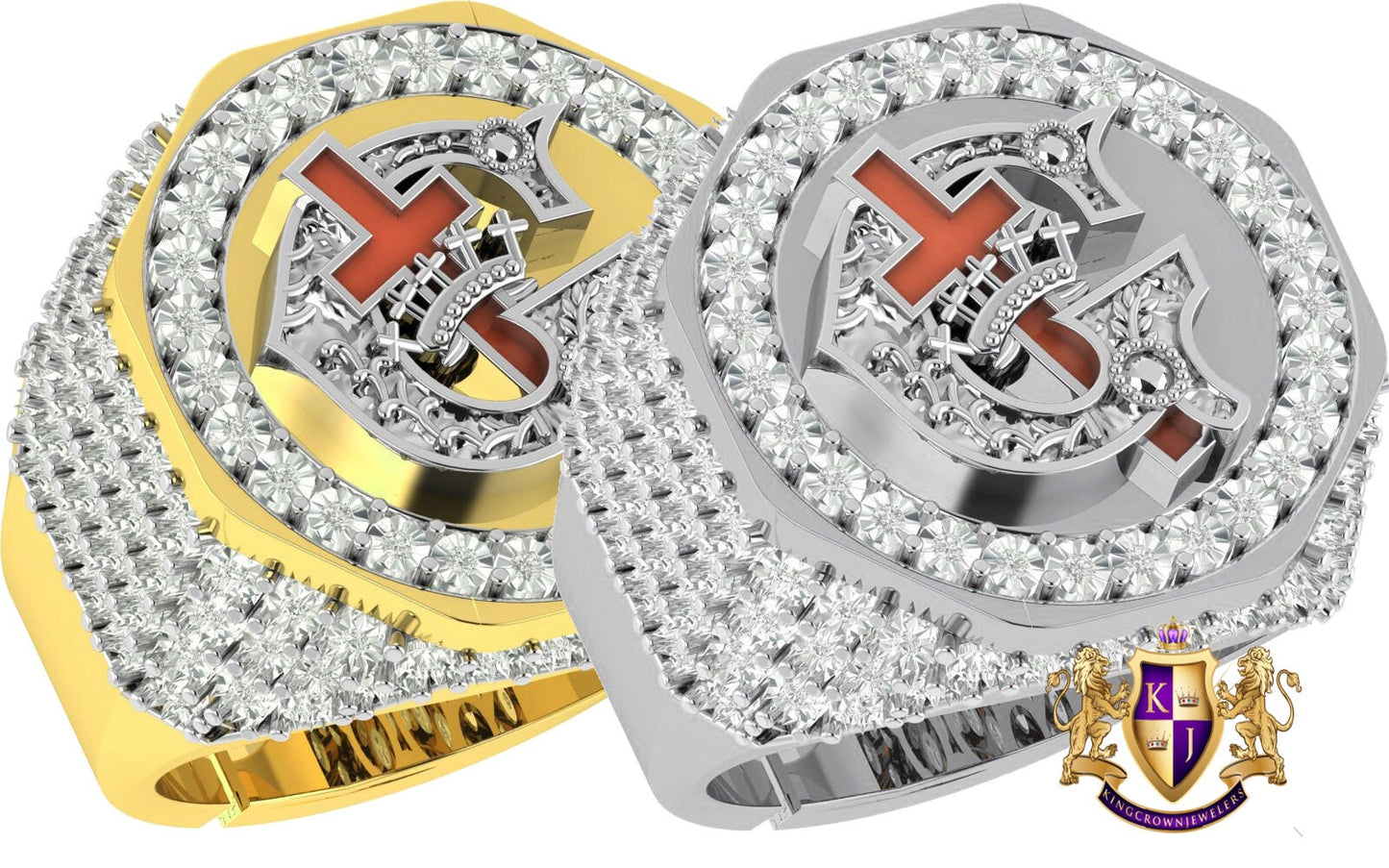 Men's Real Genuine Diamond 10K Gold Over Knights Templar Masonic Freemason Custom Ring Band (Adjustable 9.5 Up 10.5)