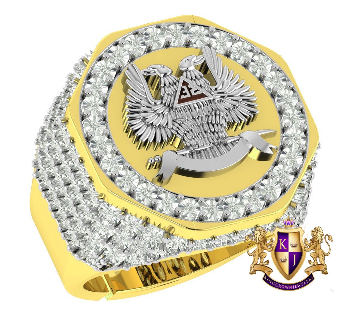 Real Diamond Scottish Rite 32 Degree Wings Up Masonic Knights Templar Freemasonry Freemason Band Ring (Adjustable 9.5 Up To 10.5)