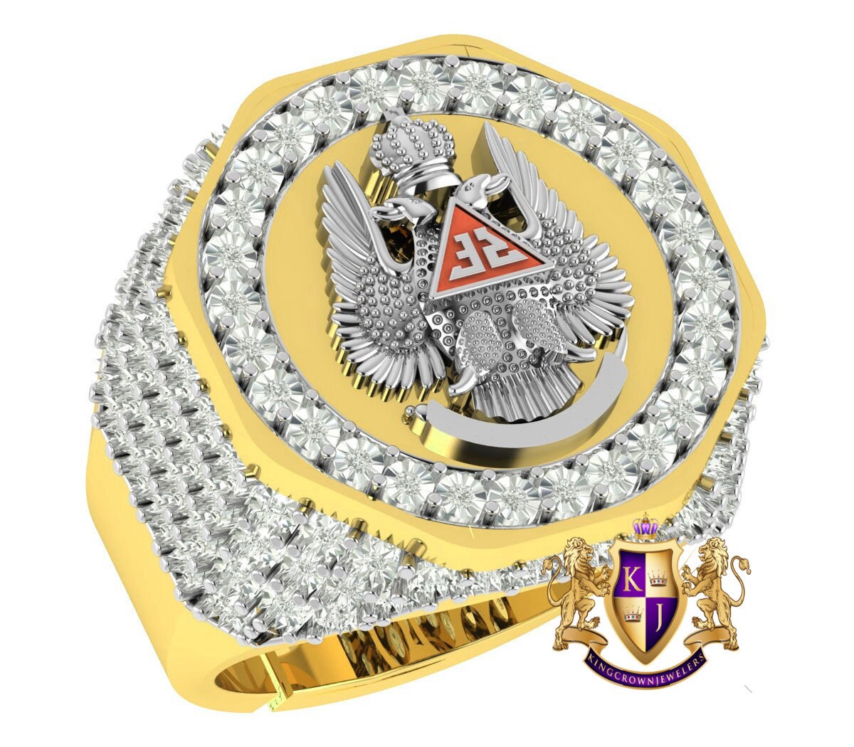 Men's Genuine Diamond Scottish Rite 32 Degree Wings Up Masonic Knights Templar Freemasonry Freemason Band Ring (Adjustable 9.5 Up To 10.5)