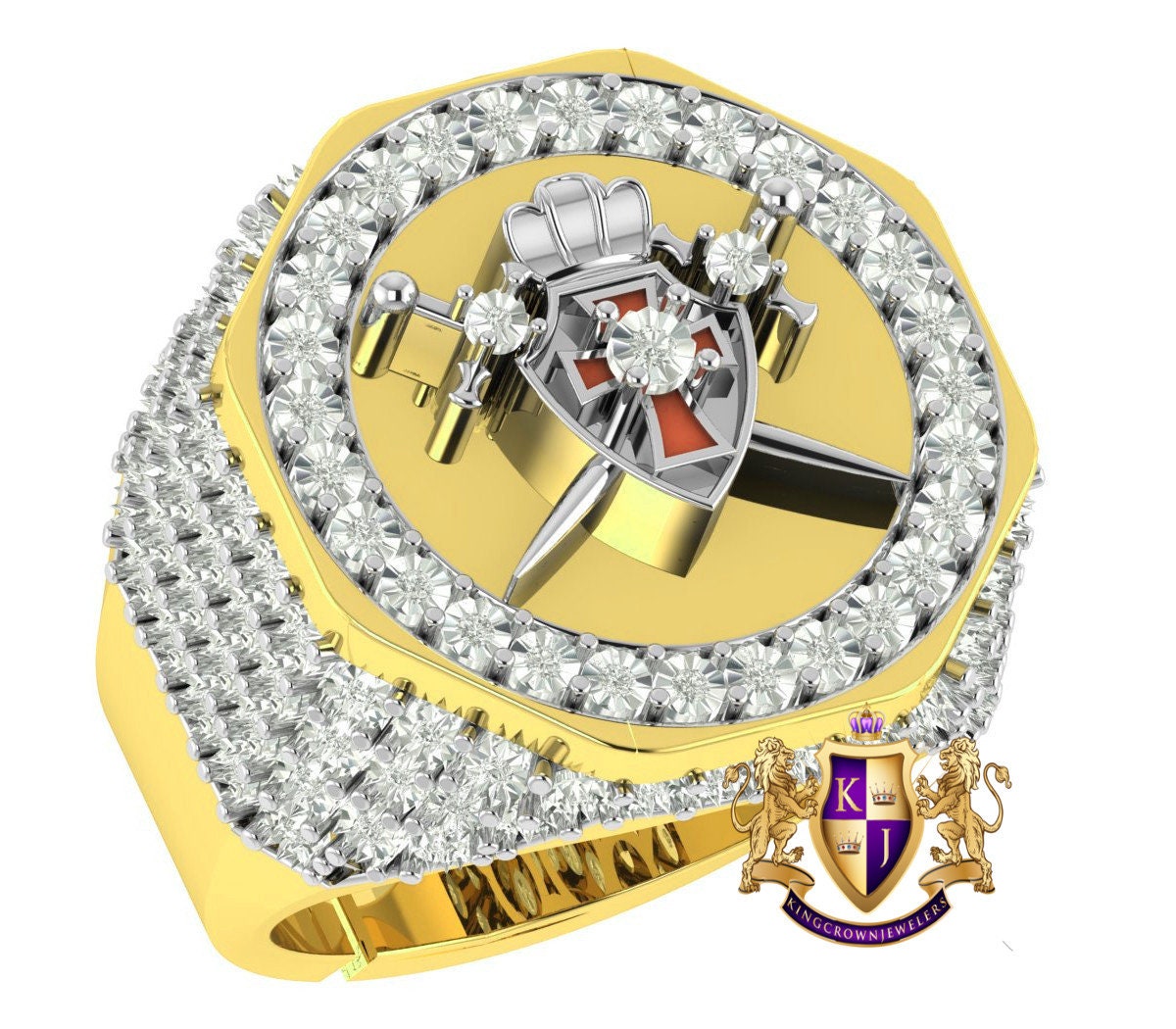 Men's Genuine Real Diamond  Knight Templar Masonic Shield and Sword Freemasonry Freemason Band Ring (Adjustable 9.5 Up To 10.5)