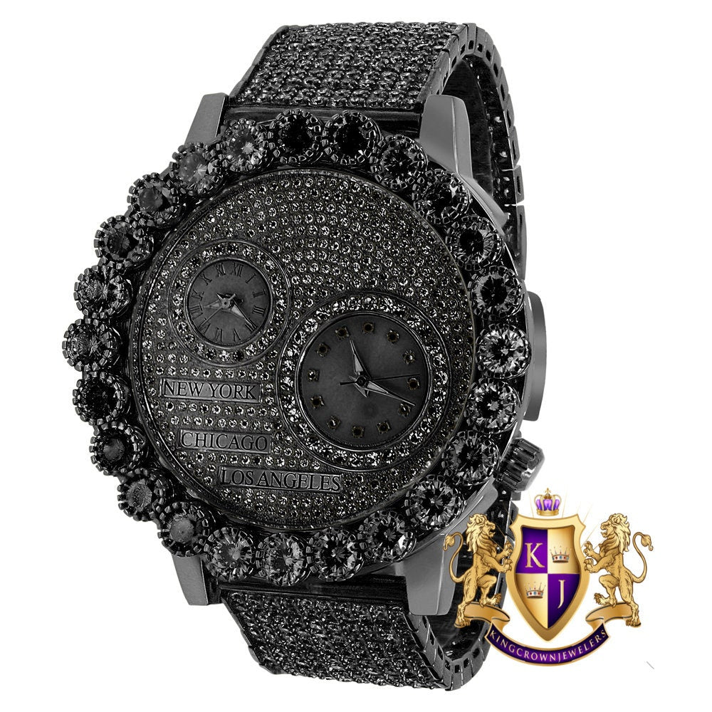 Men's Solitaire 18K Black Gold Finish 2 Time Zone Chronograph Real Diamond Dial Custom Bezel And Band Watch 45mm W/Date