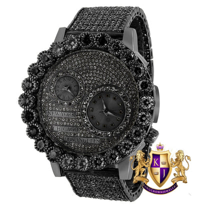 Men's Solitaire 18K Black Gold Finish 2 Time Zone Chronograph Real Diamond Dial Custom Bezel And Band Watch 45mm W/Date