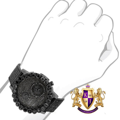 Men's Solitaire 18K Black Gold Finish 2 Time Zone Chronograph Real Diamond Dial Custom Bezel And Band Watch 45mm W/Date