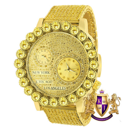 Canary Men's Solitaire 18K Gold Finish 2 Time Zone Chronograph Real Diamond Dial Custom Bezel And Band Watch 45mm W/Date