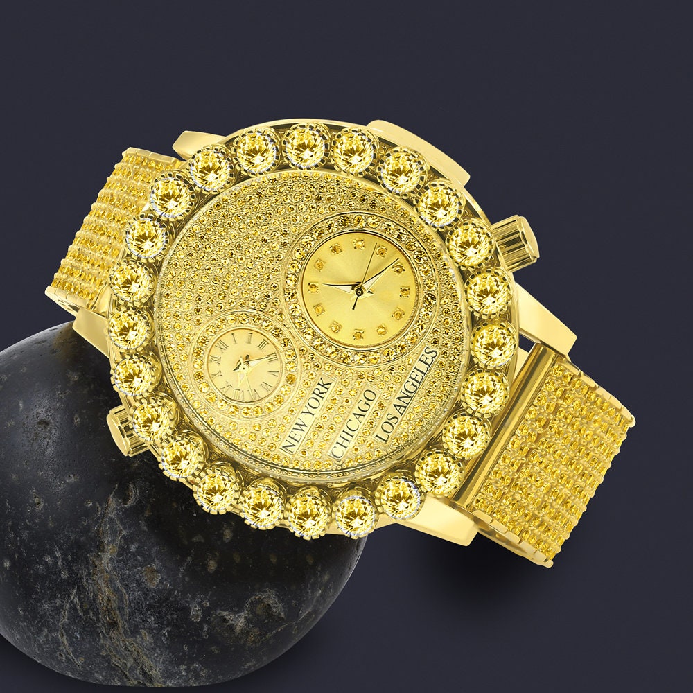 Canary Men's Solitaire 18K Gold Finish 2 Time Zone Chronograph Real Diamond Dial Custom Bezel And Band Watch 45mm W/Date