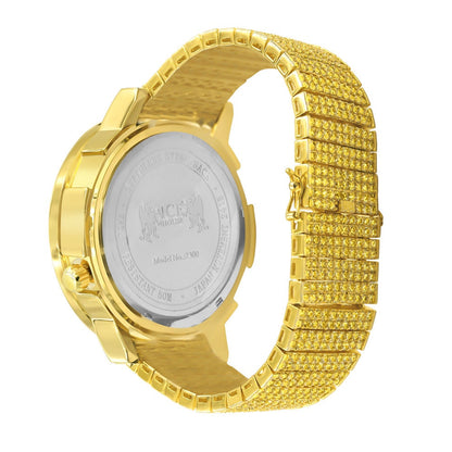Canary Men's Solitaire 18K Gold Finish 2 Time Zone Chronograph Real Diamond Dial Custom Bezel And Band Watch 45mm W/Date