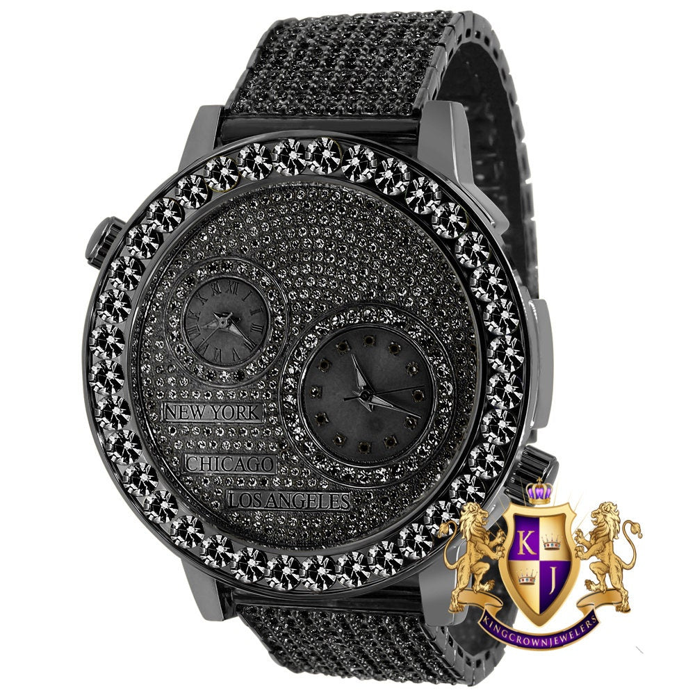 2 Time Zone Men's Chronograph Real Diamond Dial Men's 18K Black Gold Finish Flower Bezel Band Custom Watch Analog 45mm W/Date