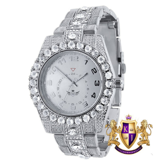Solitaire Men's 14K White Gold Finish Simulated Diamond Water Resistance Steel Back Watch 45MM