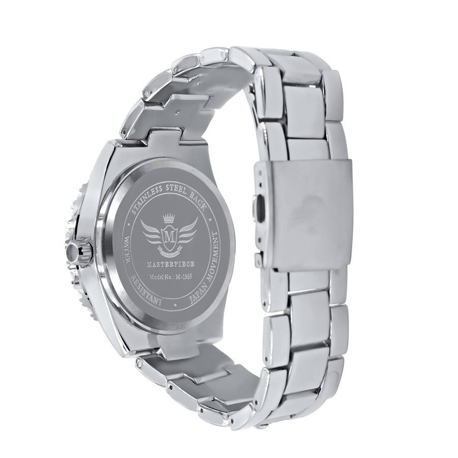 Solitaire Men's 14K White Gold Finish Simulated Diamond Water Resistance Steel Back Watch 45MM