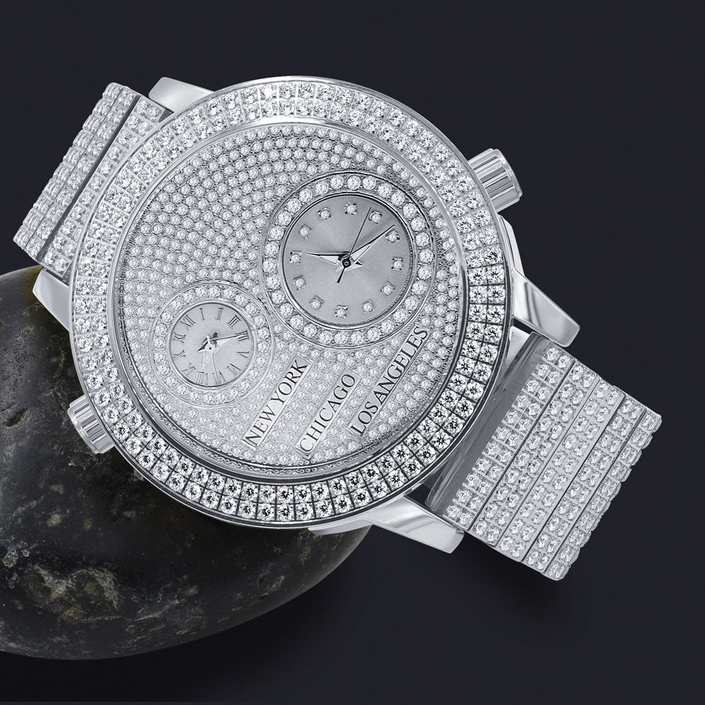 Men's Full Stainless Steel 2 Time Zone Chronograph 18K White Gold Tone Diamond Dial  Luxury Custom Watch 45mm