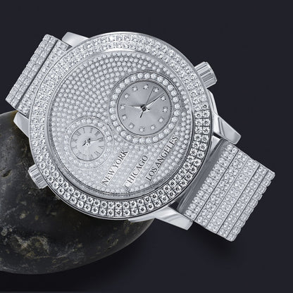 Men's Full Stainless Steel 2 Time Zone Chronograph 18K White Gold Tone Diamond Dial  Luxury Custom Watch 45mm