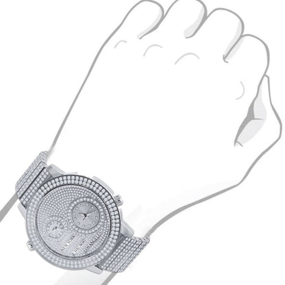 Men's Full Stainless Steel 2 Time Zone Chronograph 18K White Gold Tone Diamond Dial  Luxury Custom Watch 45mm