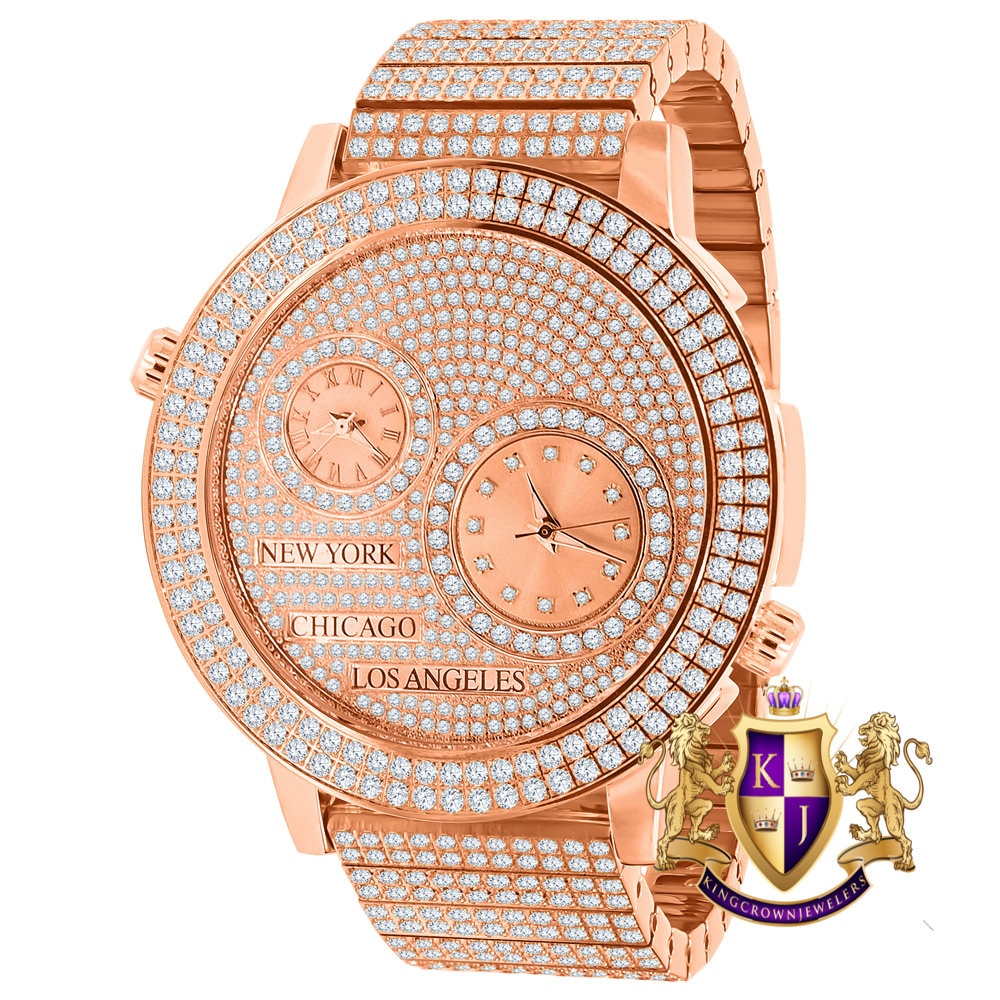Men's Full Stainless Steel 2 Time Zone Chronograph 18K Rose Gold Tone Diamond Dial  Luxury Custom Watch 45mm