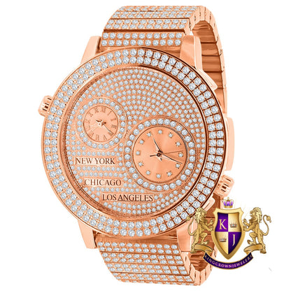 Men's Full Stainless Steel 2 Time Zone Chronograph 18K Rose Gold Tone Diamond Dial  Luxury Custom Watch 45mm