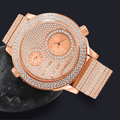 Men's Full Stainless Steel 2 Time Zone Chronograph 18K Rose Gold Tone Diamond Dial  Luxury Custom Watch 45mm