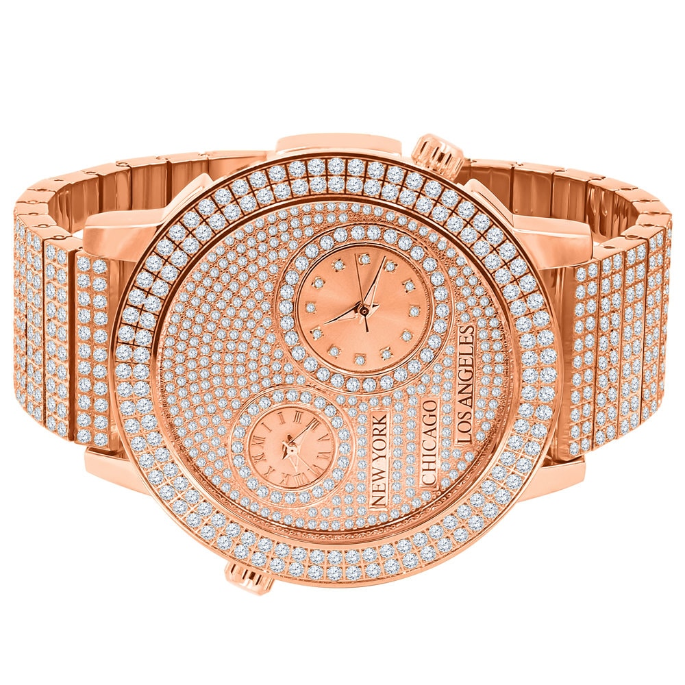 Men's Full Stainless Steel 2 Time Zone Chronograph 18K Rose Gold Tone Diamond Dial  Luxury Custom Watch 45mm