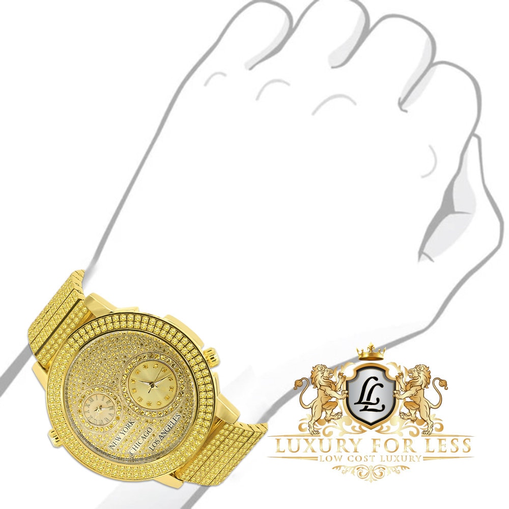 Canary Men's Full Stainless Steel 2 Time Zone Chronograph 18K Gold Tone Diamond Dial  Luxury Custom Watch 45mm