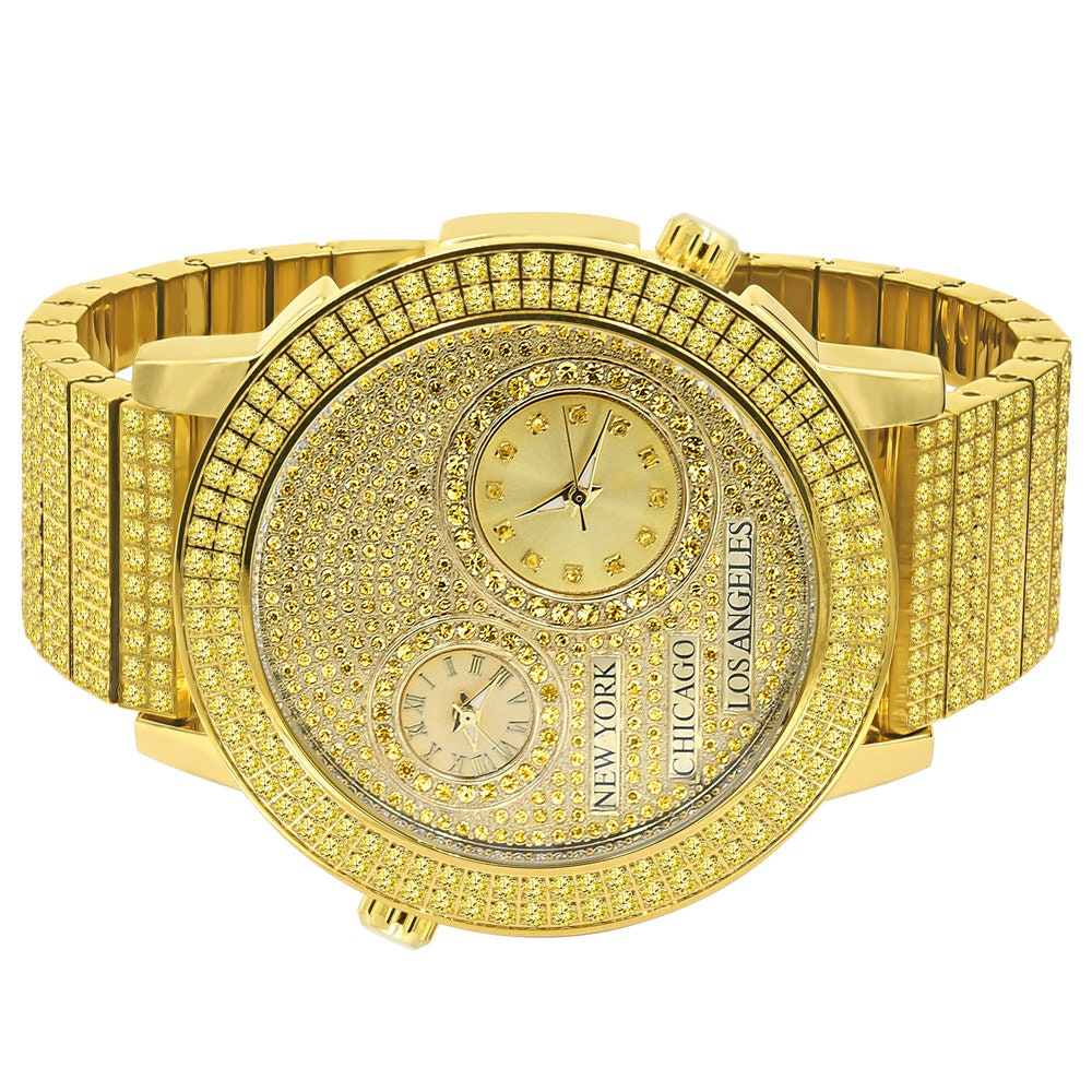 Canary Men's Full Stainless Steel 2 Time Zone Chronograph 18K Gold Tone Diamond Dial  Luxury Custom Watch 45mm