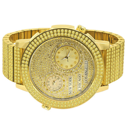 Canary Men's Full Stainless Steel 2 Time Zone Chronograph 18K Gold Tone Diamond Dial  Luxury Custom Watch 45mm