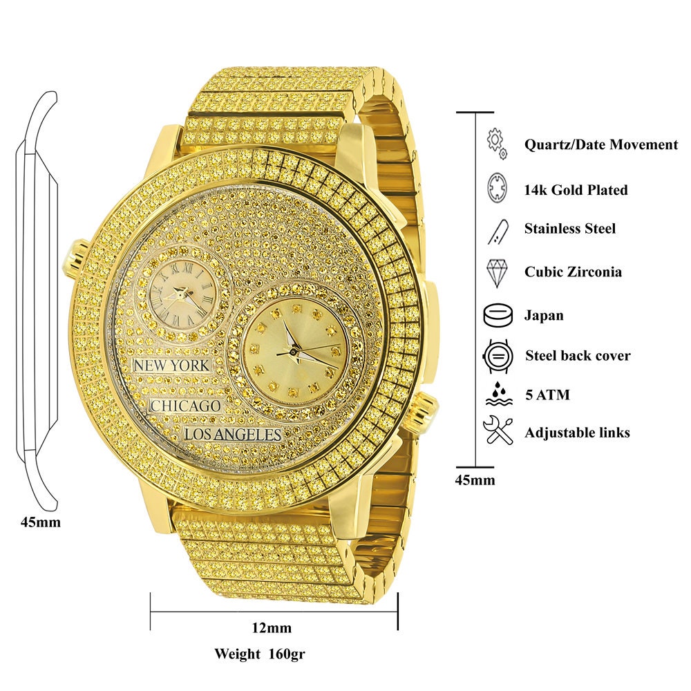Canary Men's Full Stainless Steel 2 Time Zone Chronograph 18K Gold Tone Diamond Dial  Luxury Custom Watch 45mm