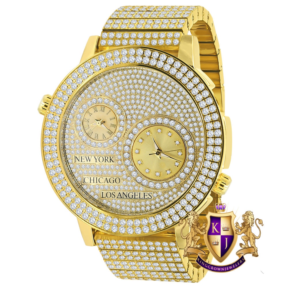 Men's Full Stainless Steel 2 Time Zone Chronograph 18K Yellow Gold Tone Diamond Dial  Luxury Custom Watch 45mm