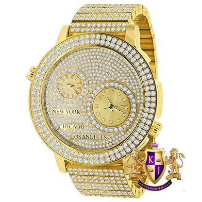 Men's Full Stainless Steel 2 Time Zone Chronograph 18K Yellow Gold Tone Diamond Dial  Luxury Custom Watch 45mm