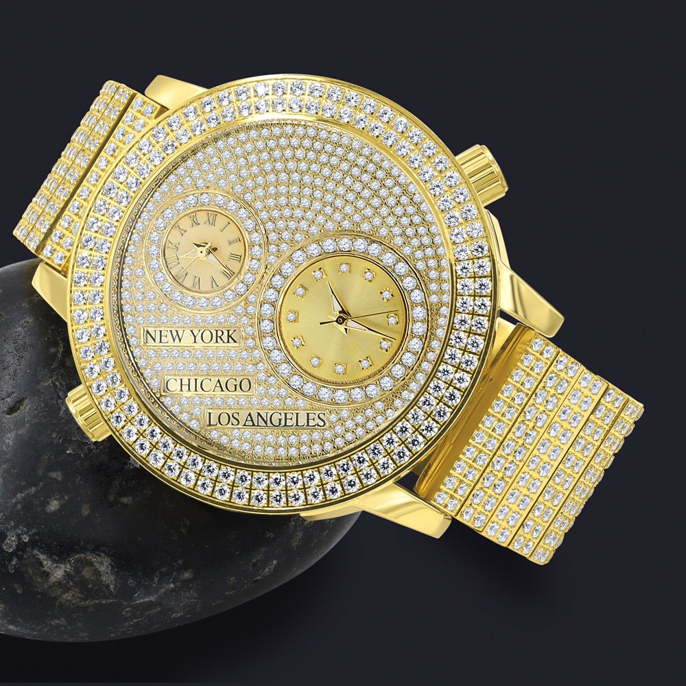 Men's Full Stainless Steel 2 Time Zone Chronograph 18K Yellow Gold Tone Diamond Dial  Luxury Custom Watch 45mm