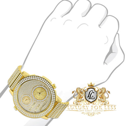 Men's Full Stainless Steel 2 Time Zone Chronograph 18K Yellow Gold Tone Diamond Dial  Luxury Custom Watch 45mm