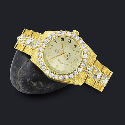Solitaire Men's 14K Yellow Gold Finish Simulated Diamond Water Resistance Steel Back Watch 45MM