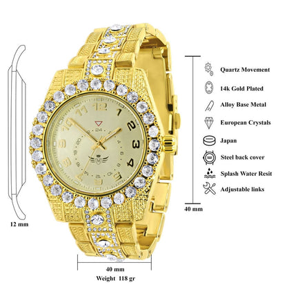 Solitaire Men's 14K Yellow Gold Finish Simulated Diamond Water Resistance Steel Back Watch 45MM